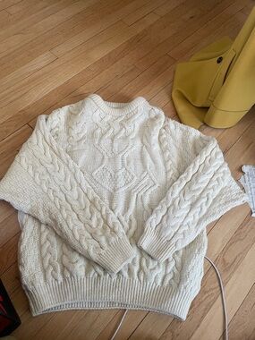 Aran Crafts Ivory Aran Cable Knit Crewneck Sweater